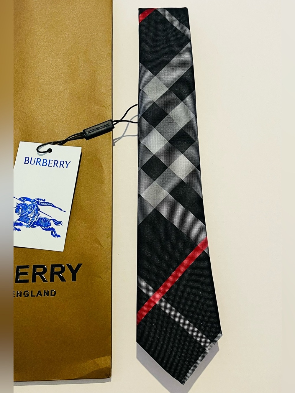 Burberry tie Black red check classic skinny manston thorton jacquard striped NEW